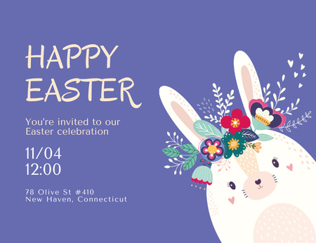 Easter Holiday Celebration Announcement With Cute Bunny Invitation 13.9x10.7cm Horizontal Design Template