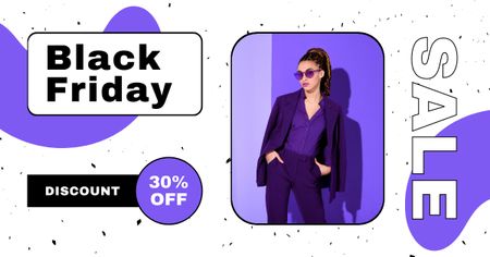 Ontwerpsjabloon van Facebook AD van Black Friday-uitverkoop met vrouw in paarse outfit