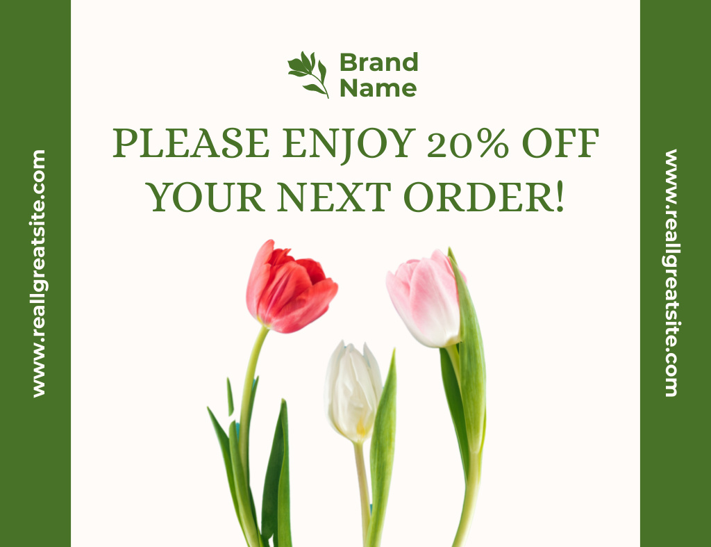 Discount on Next Order with Fresh Tulips on Green Thank You Card 5.5x4in Horizontal Design Template