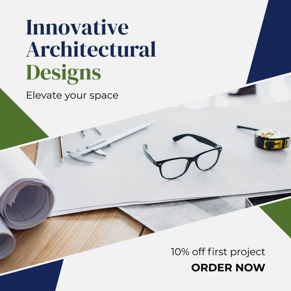 Innovative Architectural Designs Ad with Blueprints on Table