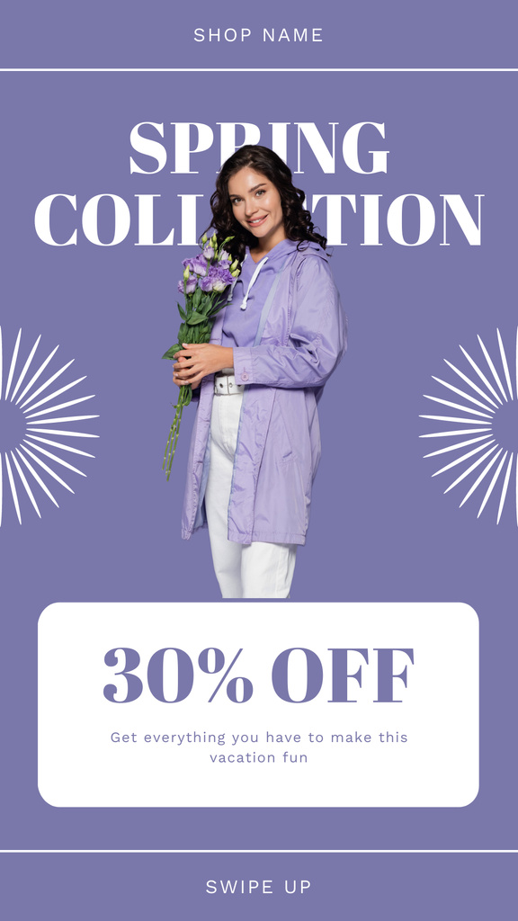 Designvorlage Spring Collection Sale with Woman in Lilac Clothing für Instagram Story
