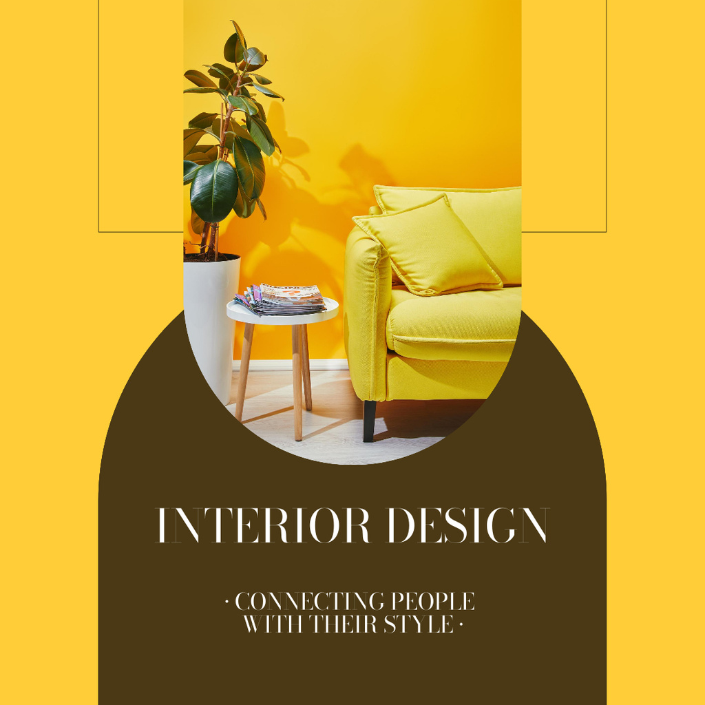 Interior Design with Bright Yellow Sofa and Flowerpot Instagram AD tervezősablon