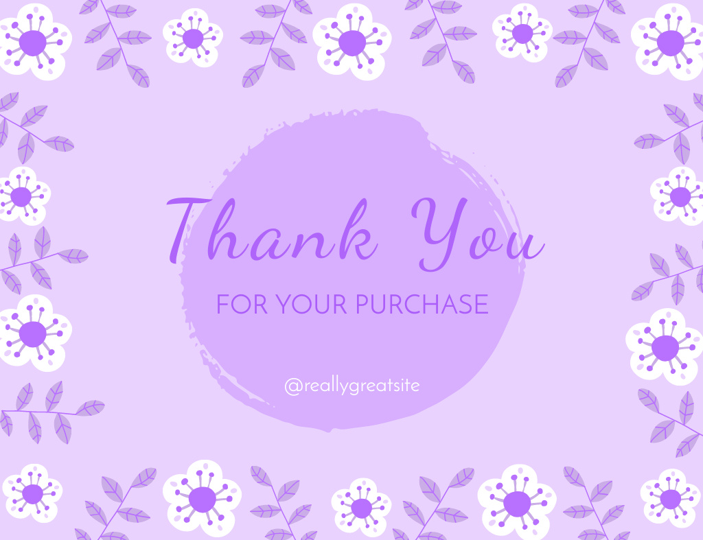 Thank You for Purchase Message with Flowers Illustration on Purple Thank You Card 5.5x4in Horizontal Tasarım Şablonu