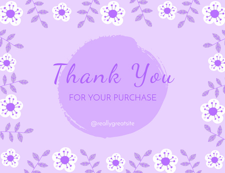 Thank You for Purchase Message with Flowers Illustration on Purple Thank You Card 5.5x4in Horizontal Design Template