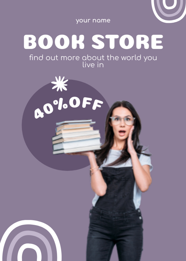 Astonished Reader on Purple Ad of Book Store Flayer Modelo de Design