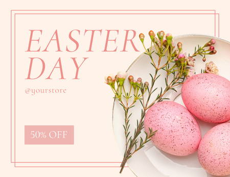 Platilla de diseño Easter Sale Offer with Pink Easter Eggs and Flowers Thank You Card 5.5x4in Horizontal