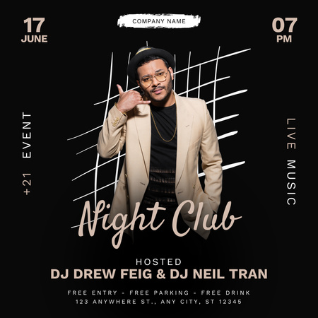 Night Club Invitation with Handsome Man Instagram Design Template