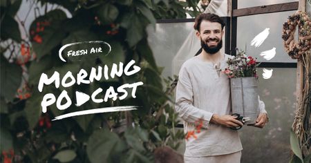 Ontwerpsjabloon van Facebook AD van Podcast Topic Announcement with Guy holding Flowers