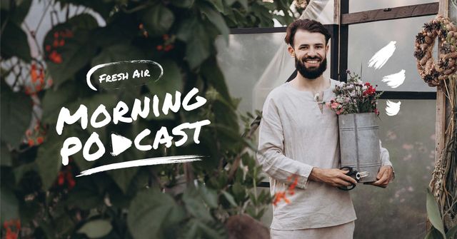 Plantilla de diseño de Podcast Topic Announcement with Guy holding Flowers Facebook AD 