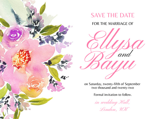 Szablon projektu Wedding Event Announcement With Bright Watercolor Flowers Postcard 4.2x5.5in
