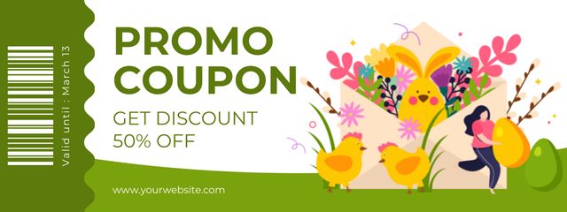 Easter Promotion with Bright Festive Illustration Coupon Design Template