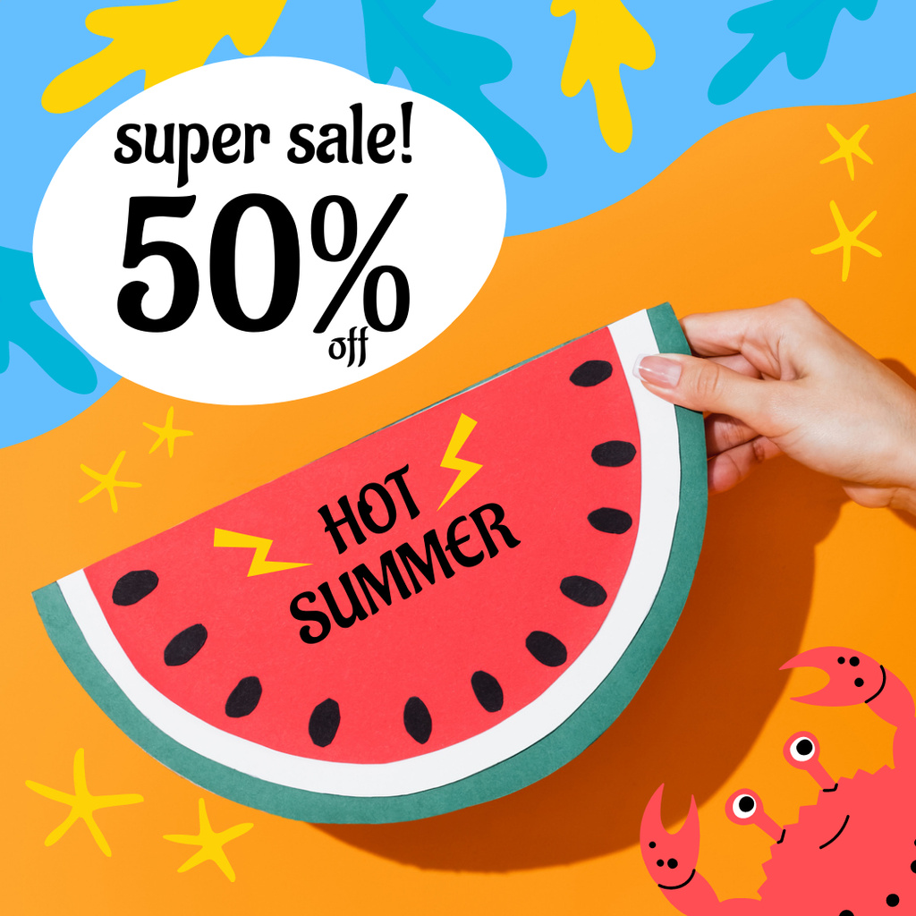 Designvorlage Summer Super Sale Ad with Cute Bright Cartoon Illustration für Instagram
