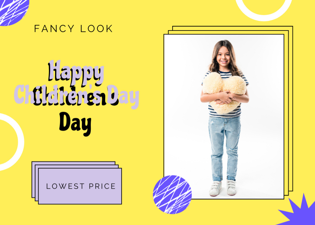 Children's Day Greeting With Little Girl Holding Toy Postcard 5x7in Design Template