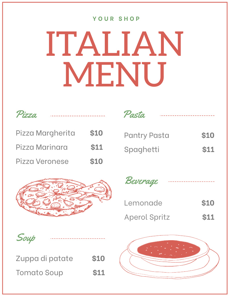 Price List for Italian Traditional Dishes Menu 8.5x11in Modelo de Design