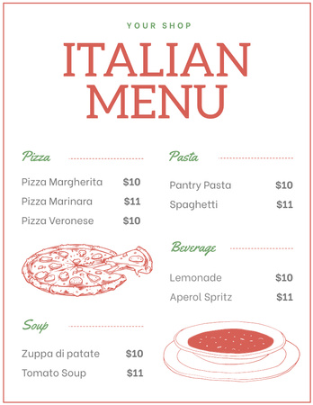 Price List for Italian Traditional Dishes Menu 8.5x11in Design Template
