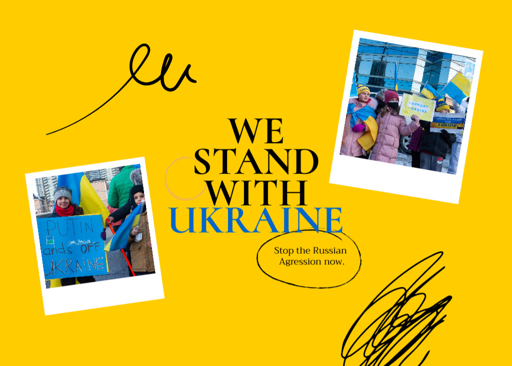 We Stand with Ukraine Quote with Photos of People on Protest Flyer 5x7in Horizontal Šablona návrhu