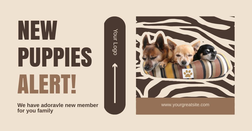 Ontwerpsjabloon van Facebook AD van New Puppies Alert on Beige