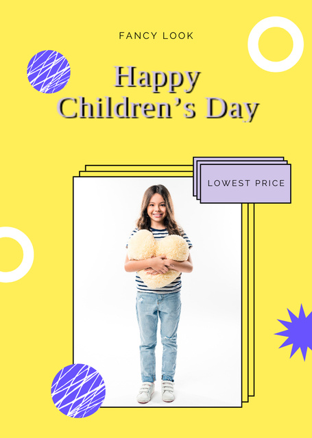 Children's Day Greeting With Girl Holding Toy Postcard A6 Vertical Design Template