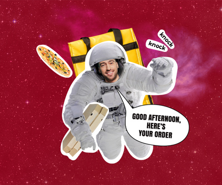 Ontwerpsjabloon van Medium Rectangle van Funny Astronaut Delivery Man with Pizza