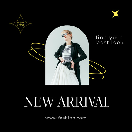 Extravagant Lady in Black Jacket for New Arrival Female Clothing Anouncement Instagram Design Template