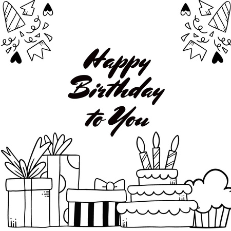 Boldog születésnapot fekete-fehér rajzzal Instagram tervezősablon