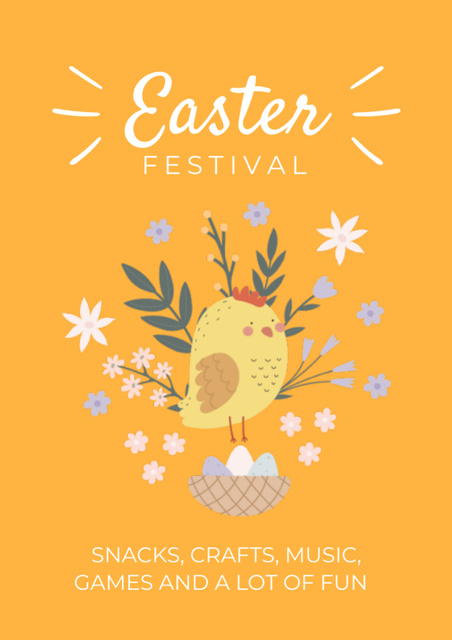 Platilla de diseño Easter Festival Announcement with Cute Chick and Eggs Flyer A4