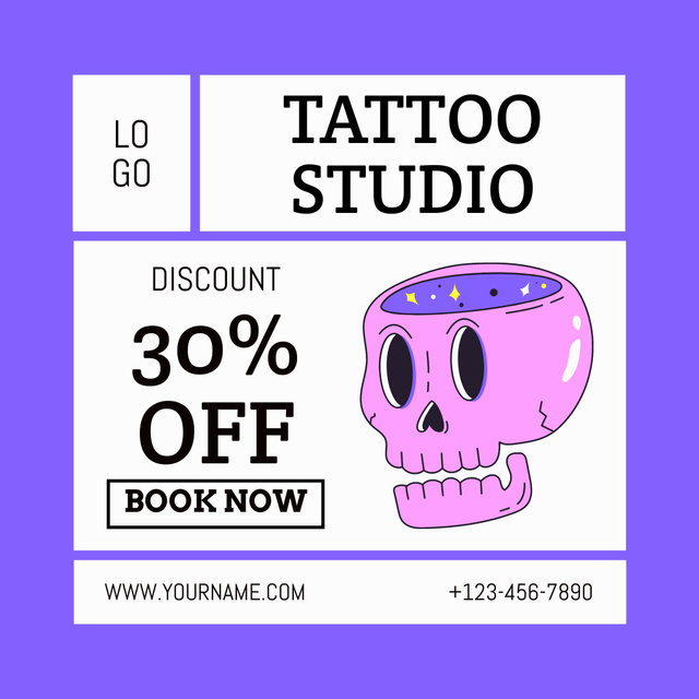 Cute Skull And Tattoo Studio Service With Discount Instagram tervezősablon