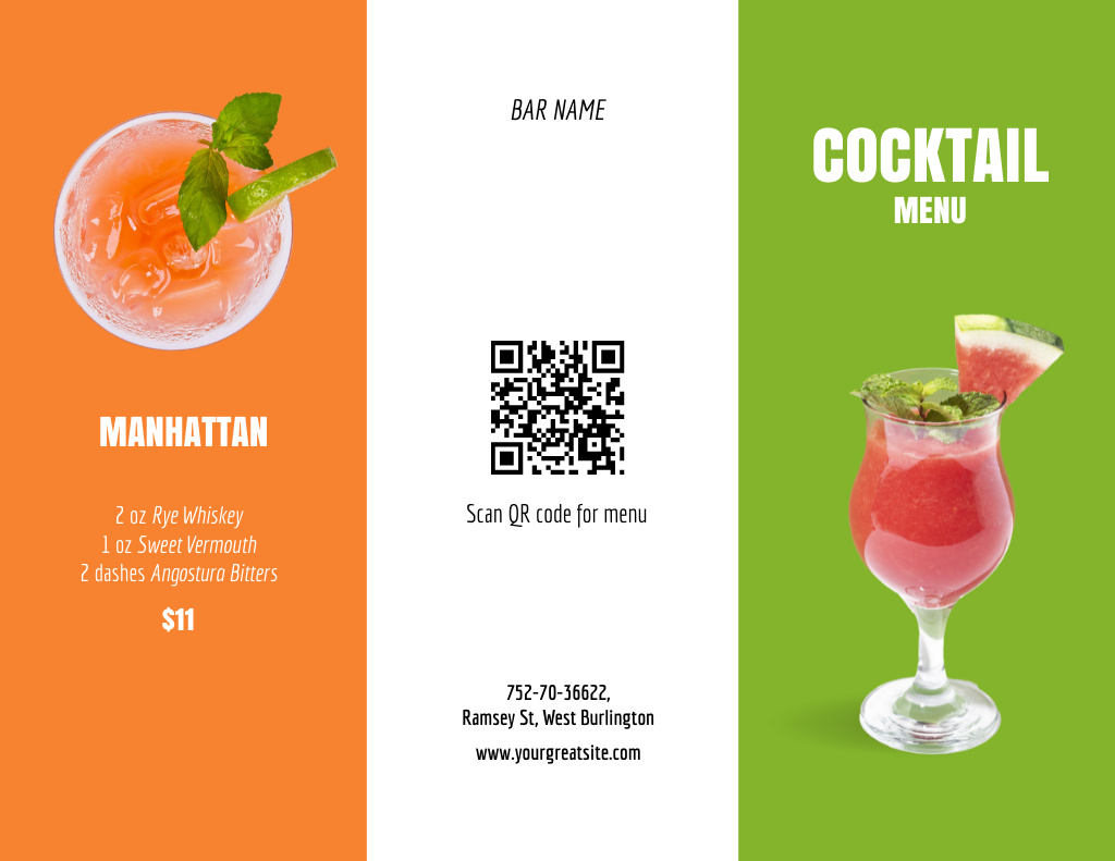 Designvorlage Cocktails In Green And Orange Promotion für Menu 11x8.5in Tri-Fold
