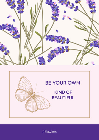 Designvorlage Lavendel-Blumen-Muster mit Schmetterling für Postcard A6 Vertical