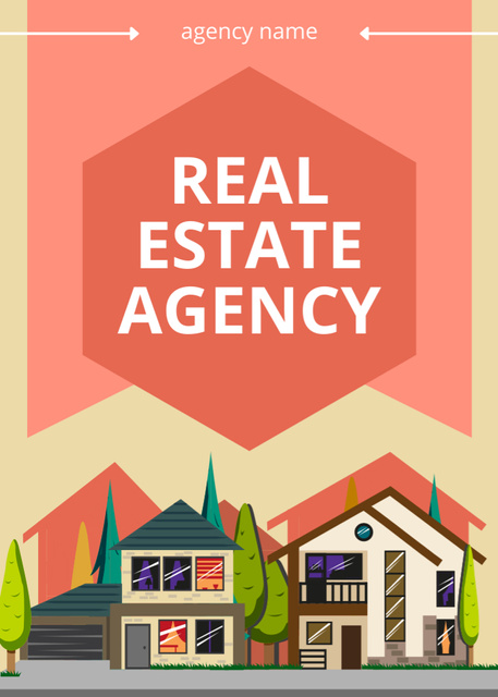 Real Estate Agency Ad with Illustration of Houses Flayer Tasarım Şablonu