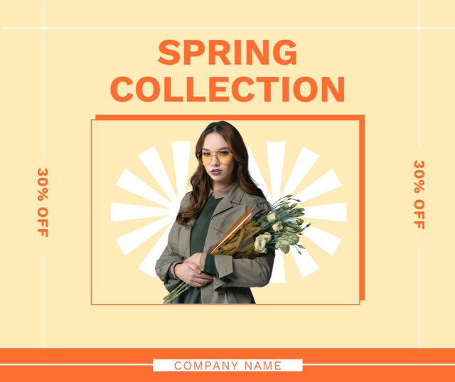 Template di design Spring Collection Sale with Brunette Woman with Bouquet of Flowers Facebook