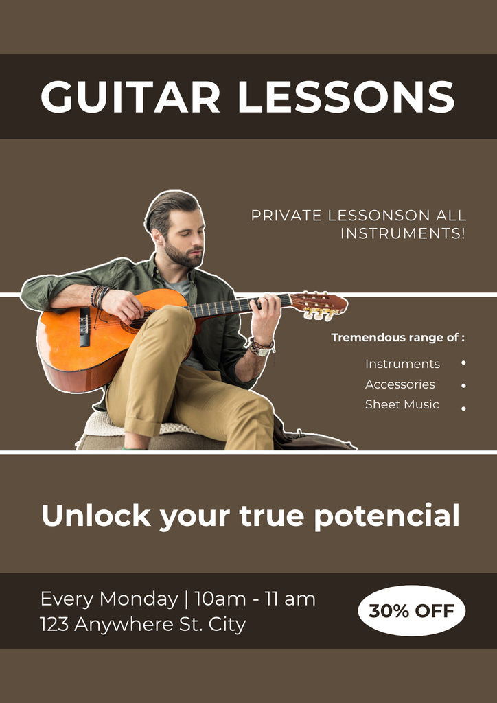 Plantilla de diseño de Offer of Guitar Lessons Poster 