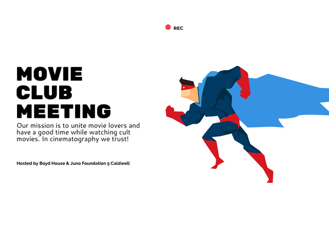 Movie Club Meeting with Man in Superhero Costume Postcard Design Template
