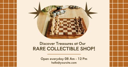Plantilla de diseño de Oferta de tablero de ajedrez envejecido en tienda de antigüedades Facebook AD 