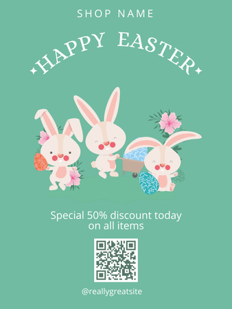 Modèle de visuel Offre de vacances de Pâques avec des lapins mignons tenant des œufs de Pâques - Poster US