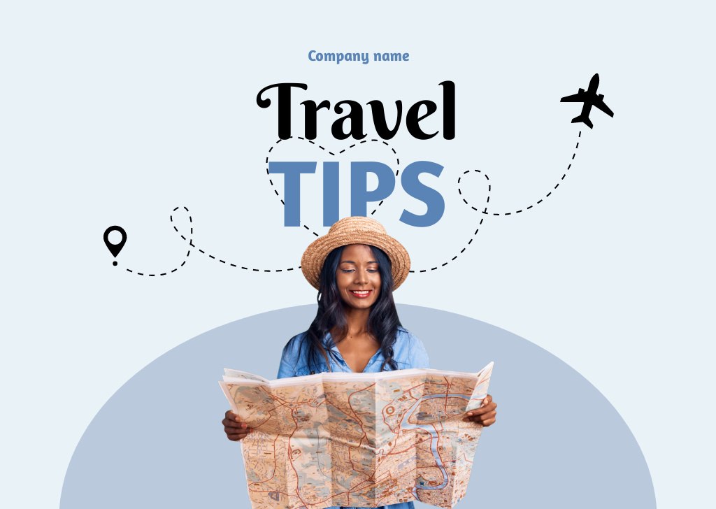 Travel Tips With  Beautiful Woman in Blue Blouse Flyer A6 Horizontal tervezősablon