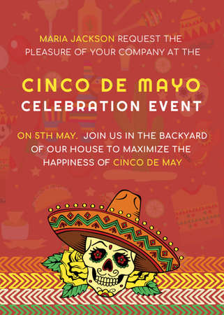 Cinco de Mayo Celebration Announcement with Skull in Sombrero Invitation Design Template