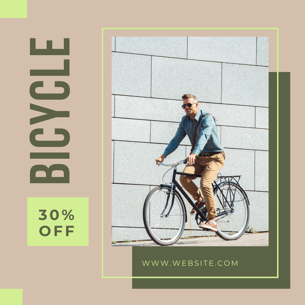 Bicycle Sale Ad with Man Riding Bike in City