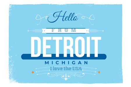 Mavi Süslemeli Detroit'ten Selamlar Postcard 4x6in Tasarım Şablonu