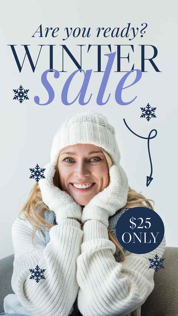 Winter Sale Announcement with Attractive Blonde Woman in White Instagram Storyデザインテンプレート