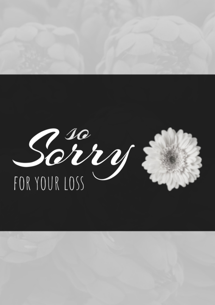 Platilla de diseño Sorry for Your Loss Text with White Flower on Black Postcard A5 Vertical