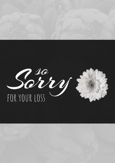 Designvorlage Sorry for Your Loss Text with White Flower on Black für Postcard A5 Vertical