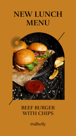 New Lunch Menu with Beef Burger and Chips Instagram Story Design Template