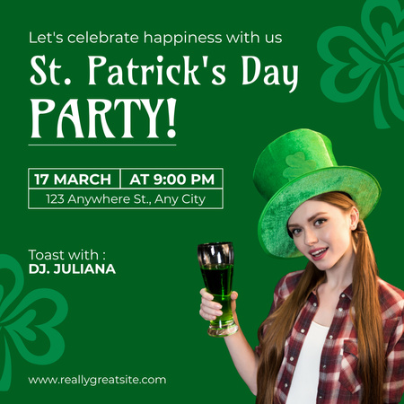 St. Patrick's Day Party Invitation with Redhead Young Woman Instagram Design Template