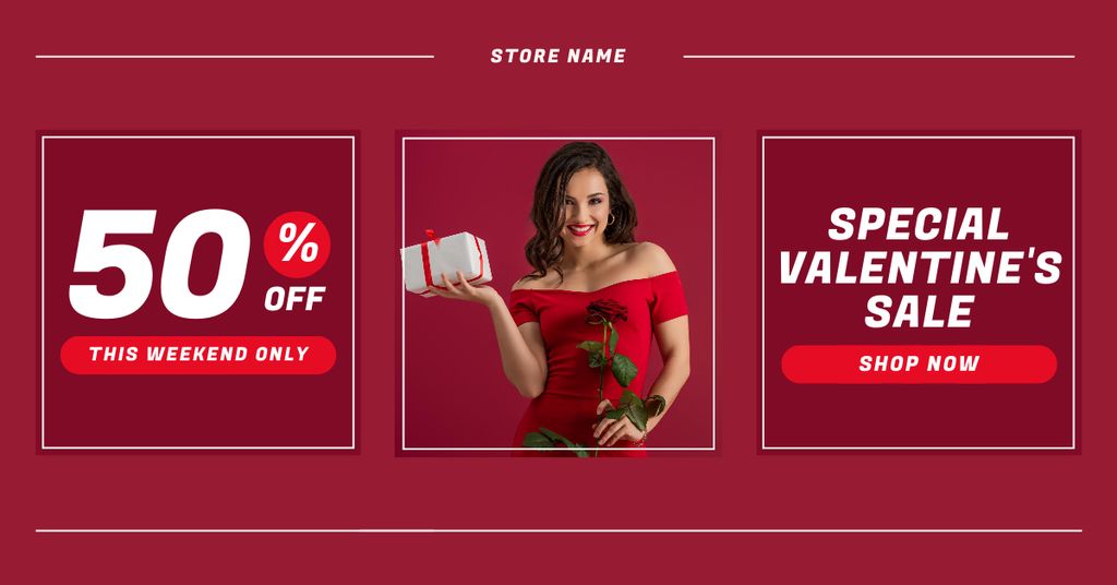 Valentine's Day Special Sale with Beautiful Brunette Woman with Rose Facebook AD Tasarım Şablonu