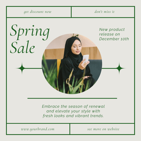 Nő mobiltelefonnal tavaszi ruhák értékesítésére Instagram tervezősablon