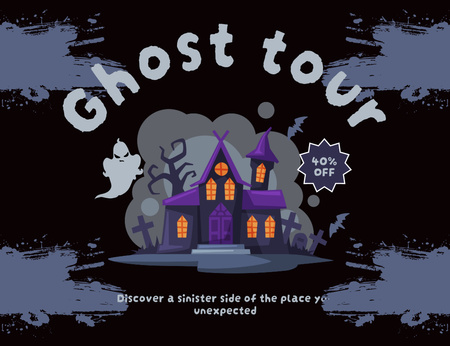 Designvorlage Ghost Tours Sale mit Cartoon-Illustration eines gruseligen Hauses für Thank You Card 5.5x4in Horizontal