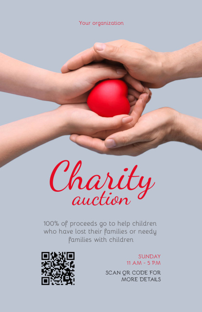 Plantilla de diseño de Charity Auction Announcement with Red Heart in Hands Invitation 5.5x8.5in 