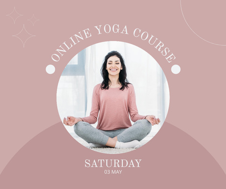 Plantilla de diseño de anuncio de curso de yoga en línea con la mujer en posición de loto Facebook 