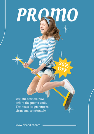 Funny Girl Flying on Mop Poster A3 Design Template